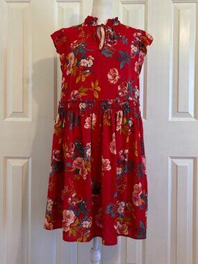 Loft Red Floral Ruffle-Sleeve Tie-Neck Mini Shift Dress Women's Small